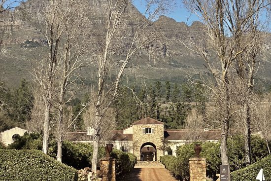 A driveway leading to a large house with mountains in the background at Waterford Estate
