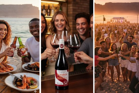 Refreshing coastal scene of friends enjoying drinks and seafood at sunset, perfect for wine and food lovers.