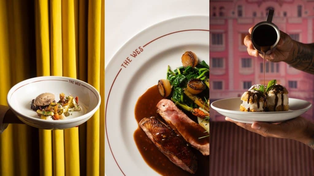 Elegant dining scene with gourmet dishes including a small appetizer, a main course with meat and vegetables, and a dessert, set against vibrant backgrounds.