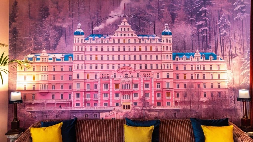 Pink hotel with a castle-like design and multiple towers, set against a forest background, with warm lighting and modern furniture in the foreground.