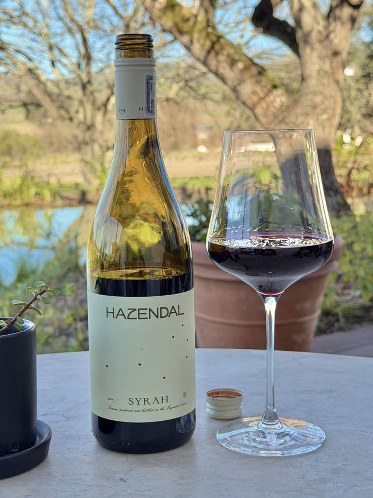 Bottle of Hazendal Syrah wine with a glass of red wine outdoors in Stellenbosch Winelands.