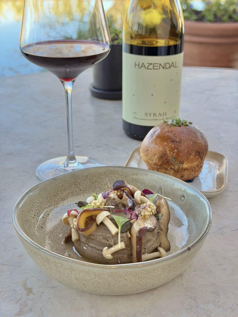 Glass of red wine, bottle of Hazendal Syrah, bread roll, and a gourmet dish with vegetables and cheese on a table.