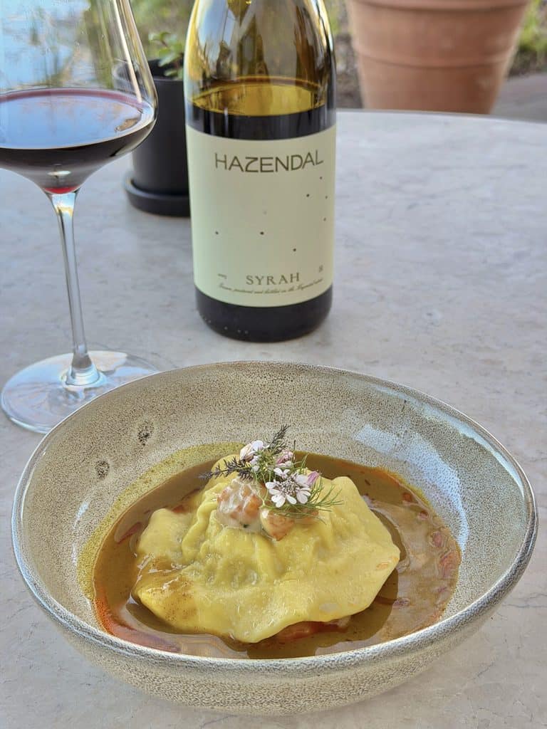 A glass of red wine and a bottle of Hazendal Syrah wine on a table with a dish of ravioli in a sauce.